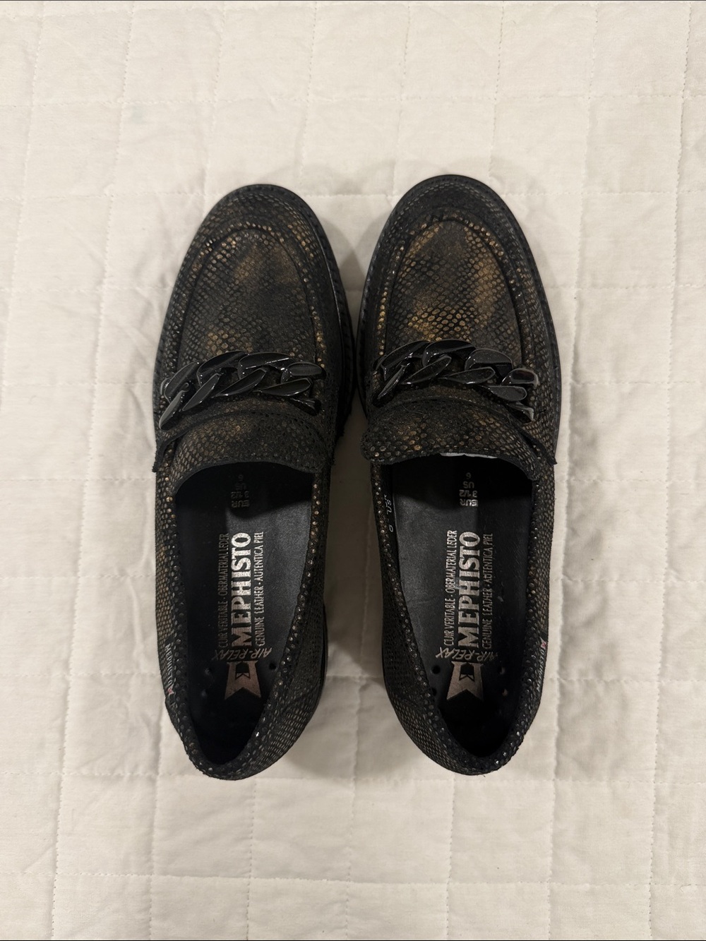 Mephisto Women’s Black Metallic Snake-Print Chain Loafers